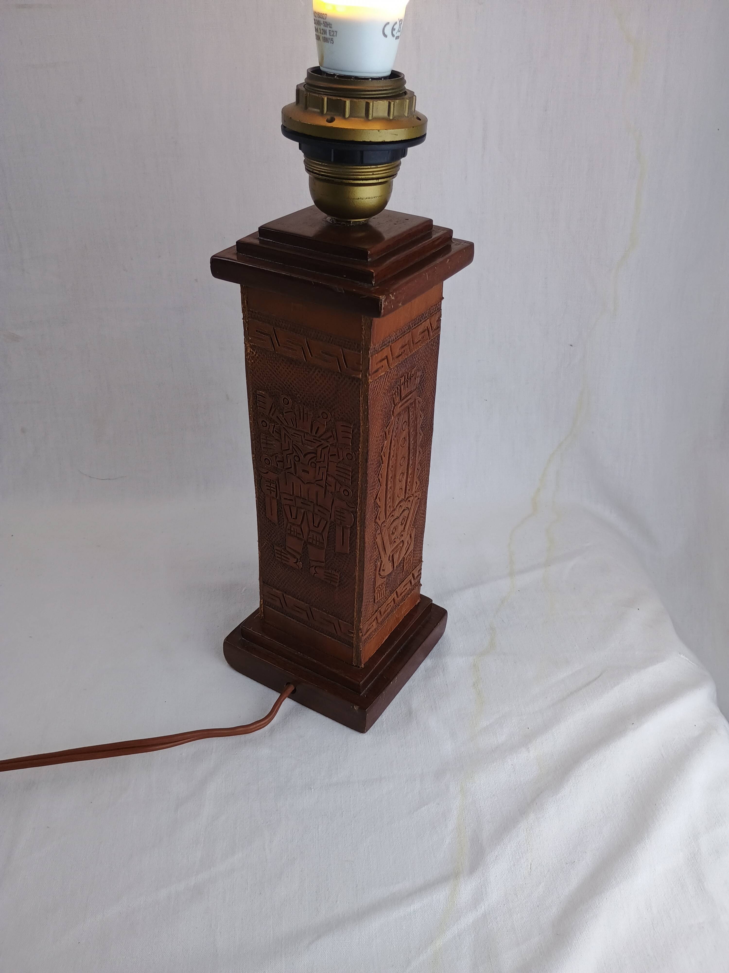 Angel L. Pazmino leather totem lamp 1960 Aztec patterns Style Furniture