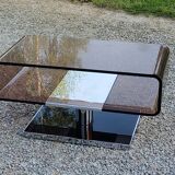 Coffee table from the 70s in chromed steel and smoked plexiglass double swivel trays