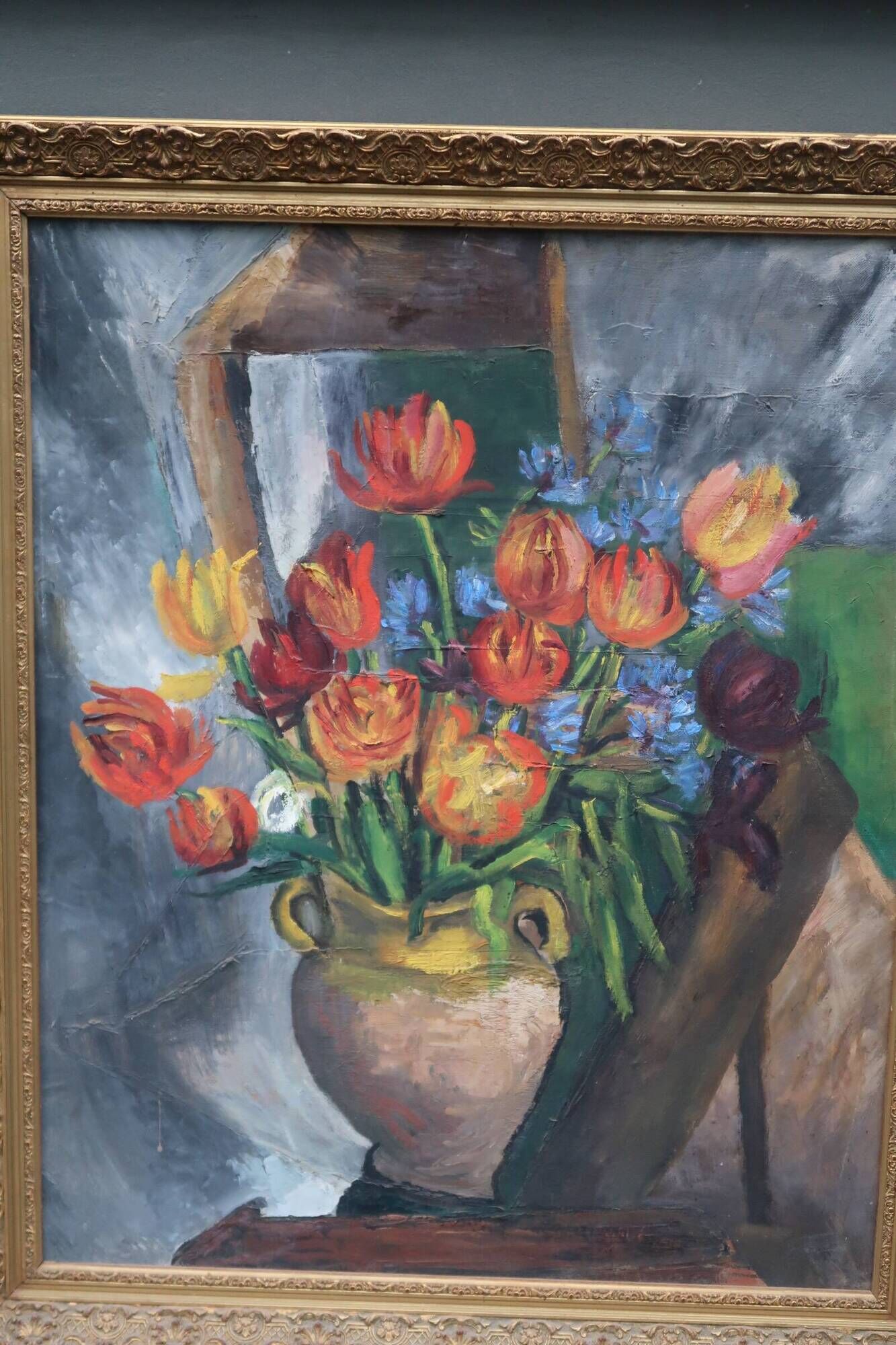 Large old oil painting, Still Life with Tulips, Gilded frame