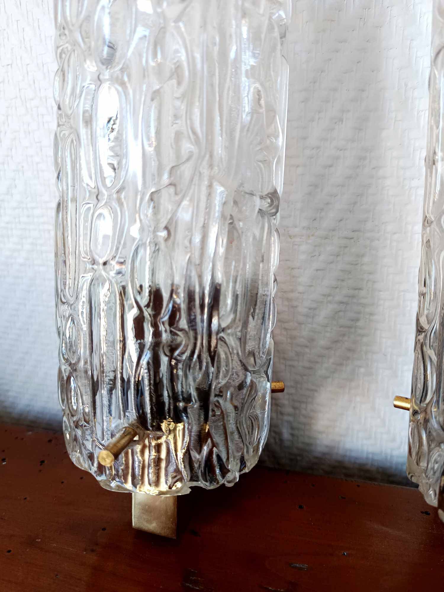 Pair of 1950s brass and glass wall lights
