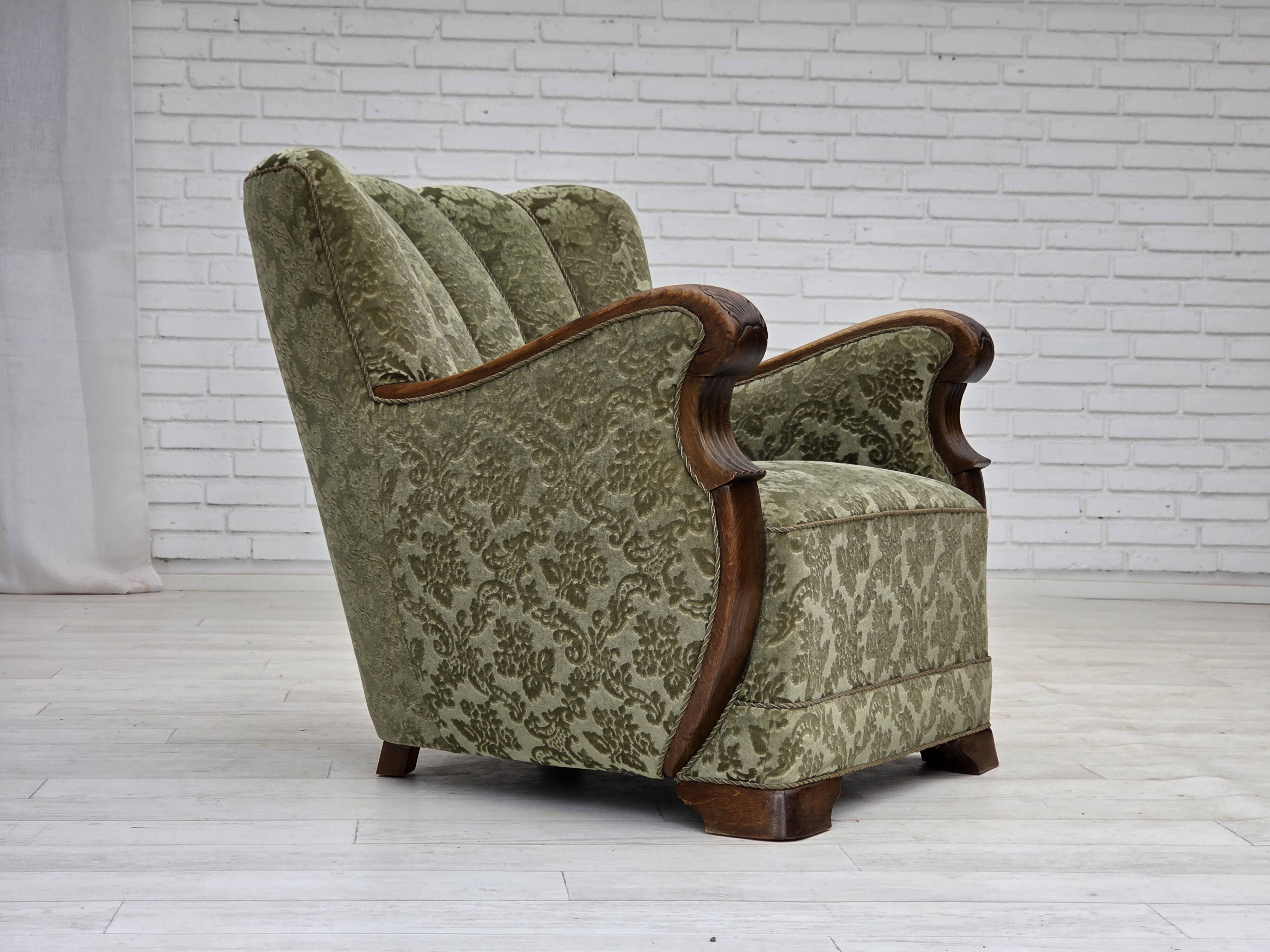 1960s, Danish armchair, green furniture velour, solid oak wood.