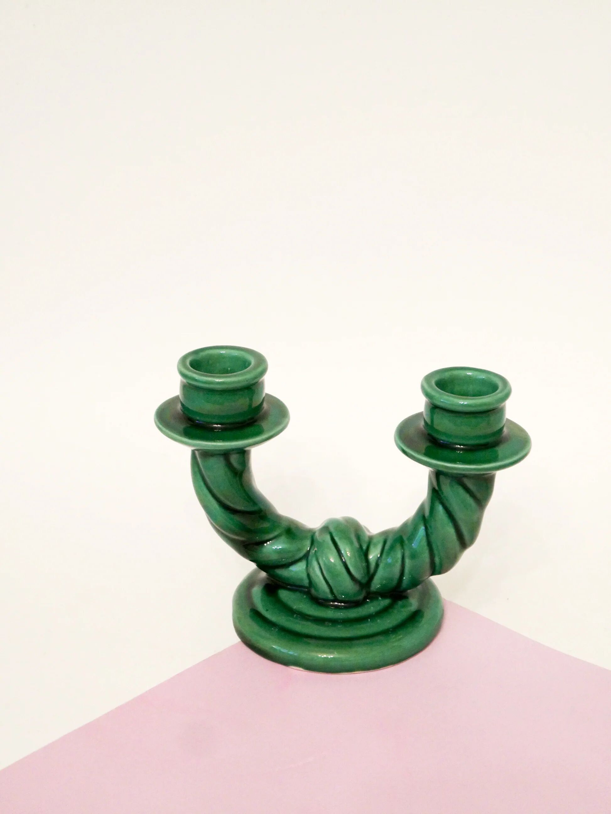 Pair of twisted green ceramic double candlesticks, 1960.