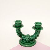 Pair of twisted green ceramic double candlesticks, 1960.