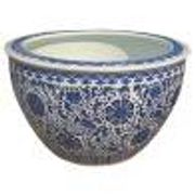 Cache-pot vietnamien bleu Ming et son support en bois