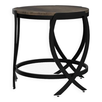 Table d'appoint industrielle ronde avec étagère de rangement et pieds réglables, plateau marron rustique, cadre en métal noir