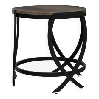 Round Industrial End Table with Storage Shelf & Adjustable Feet, Rustic Brown Top, Black Metal Frame