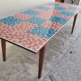 Table de ferme ancienne plateau mosaïque piètements fuselée -2m64