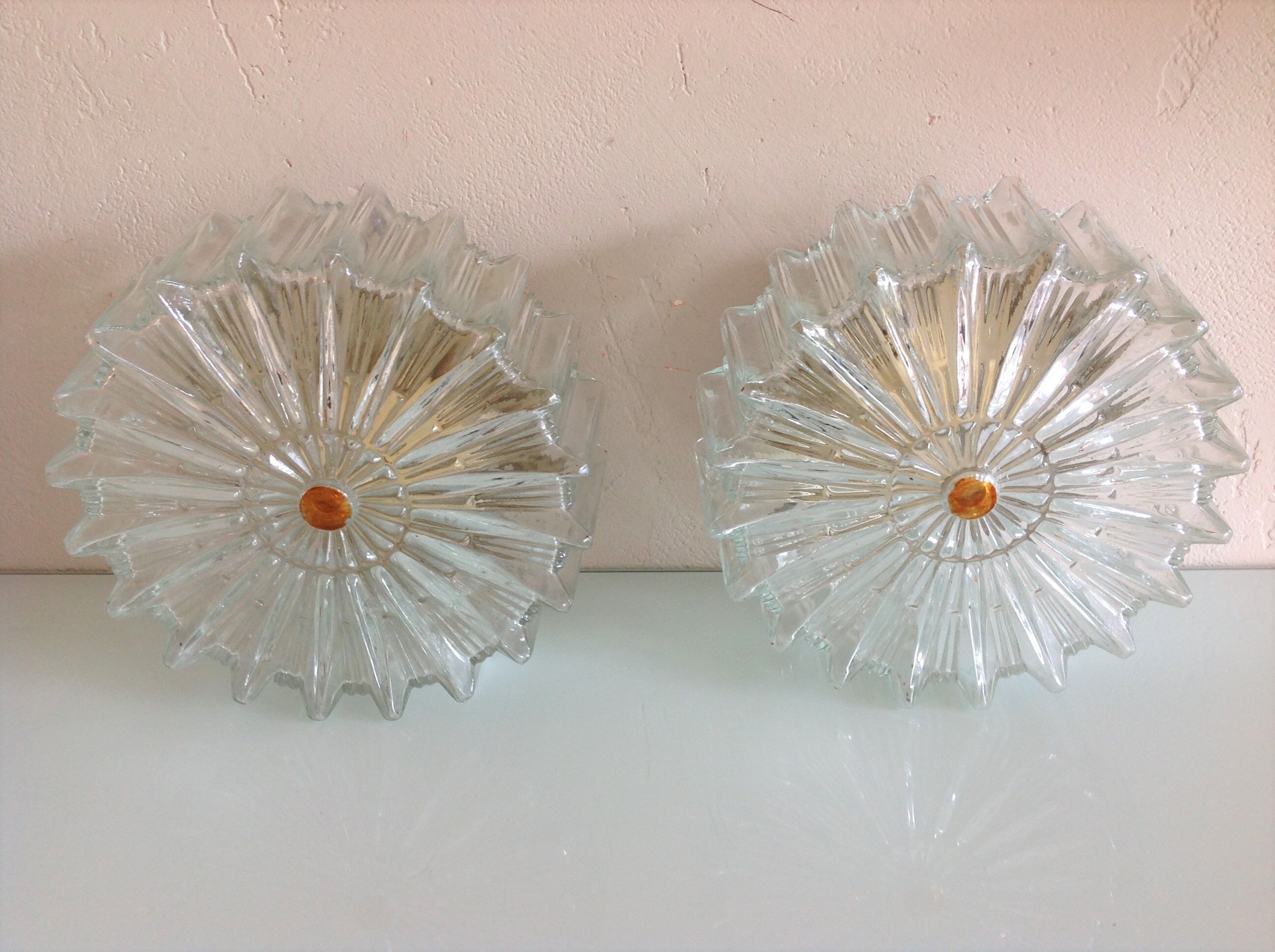 Paire de plafonniers ronds en verre structuré / vintage  années 60-70