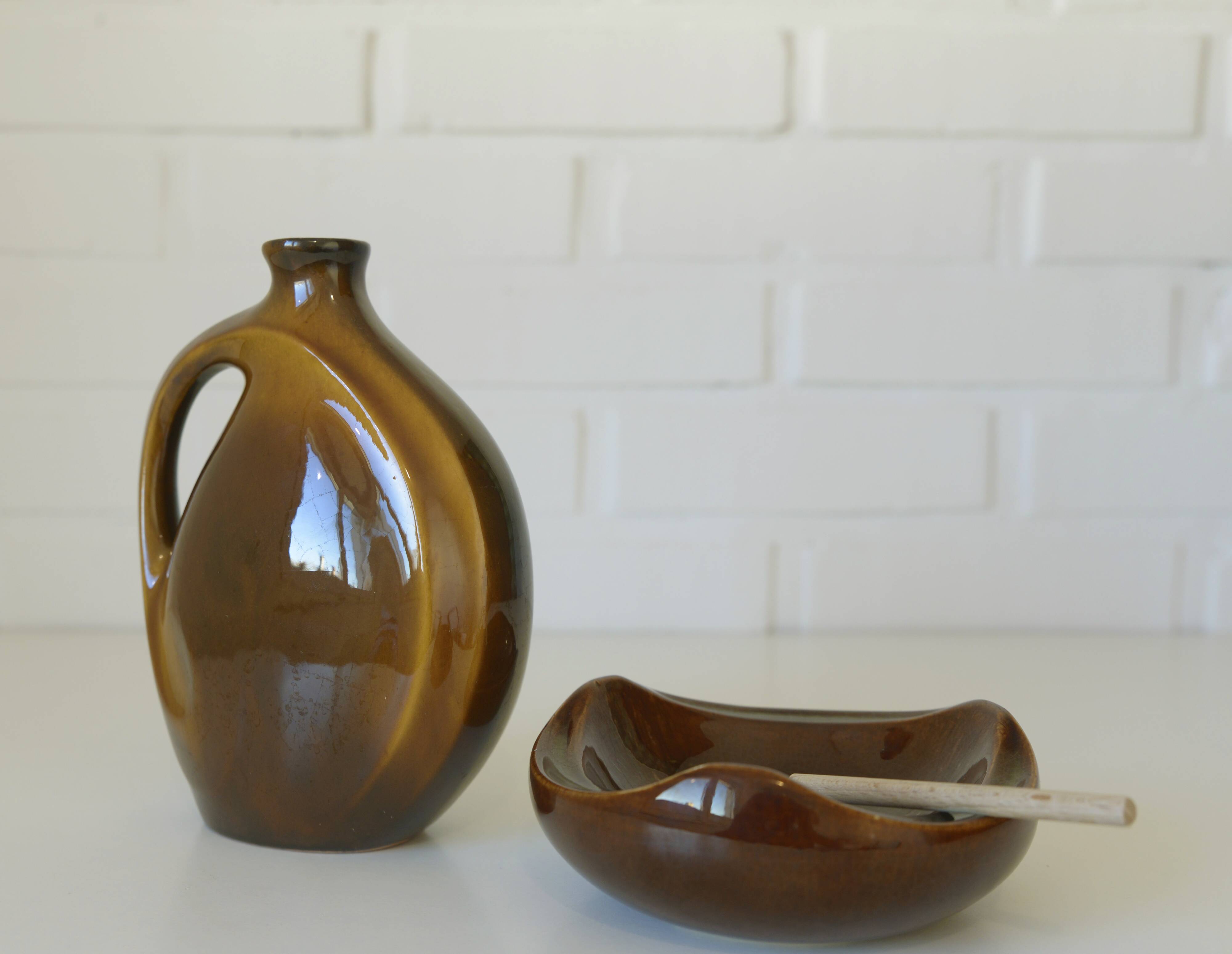 Mid Century Modern Ceramic Set: Handmade Vase & Ashtray, Yugoslavia