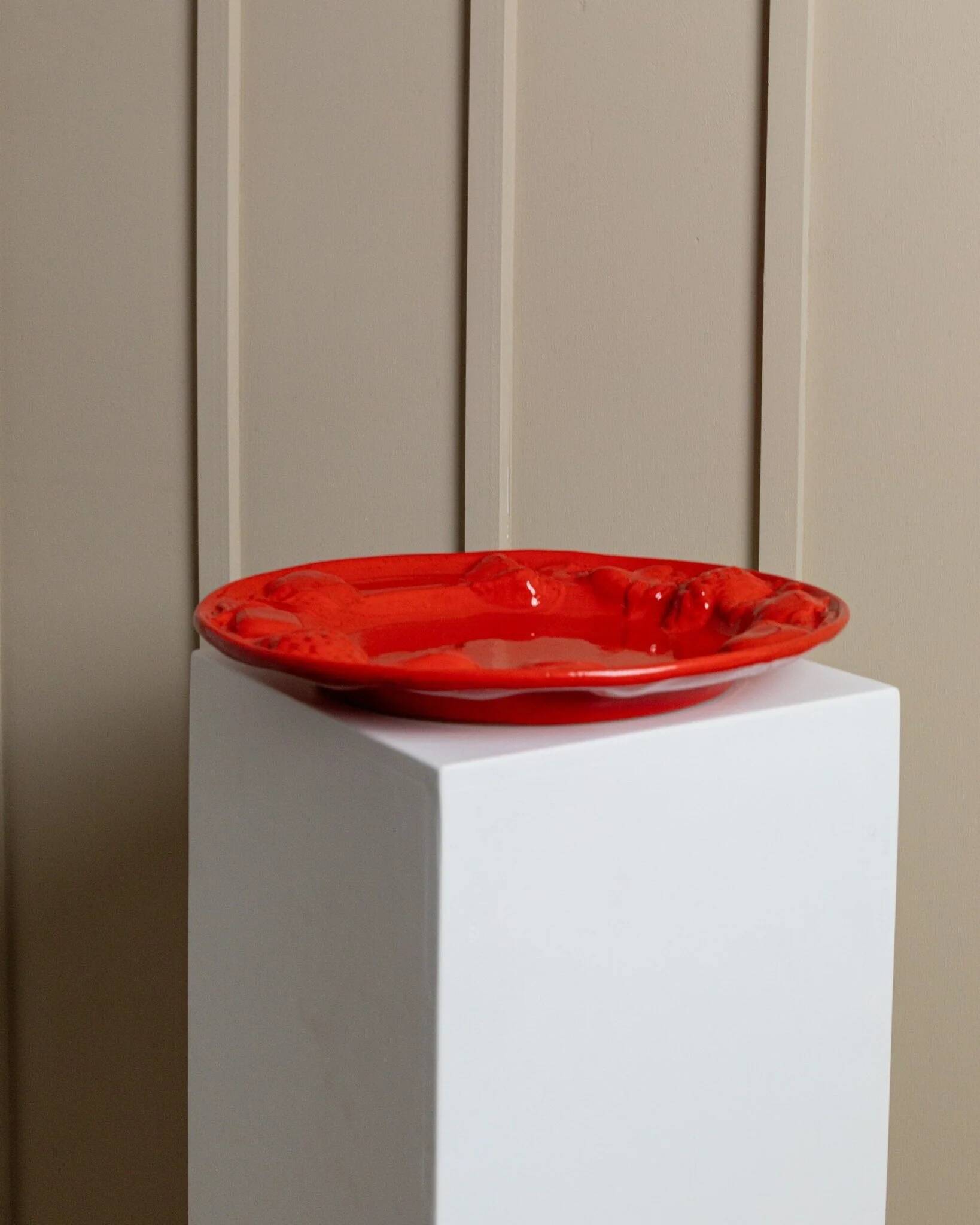 Red glazed ceramic fruit platter with three-dimensional fruit relief, vintage Italy 1980s, Mid-Century design