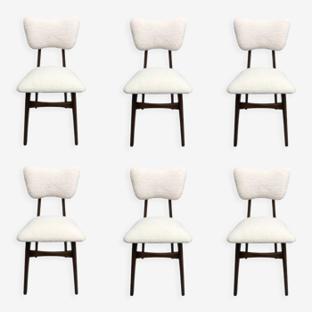6 midcentury cream bouclé and wood dining chairs, europe, 1960s