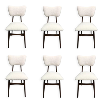 6 midcentury cream bouclé and wood dining chairs, europe, 1960s