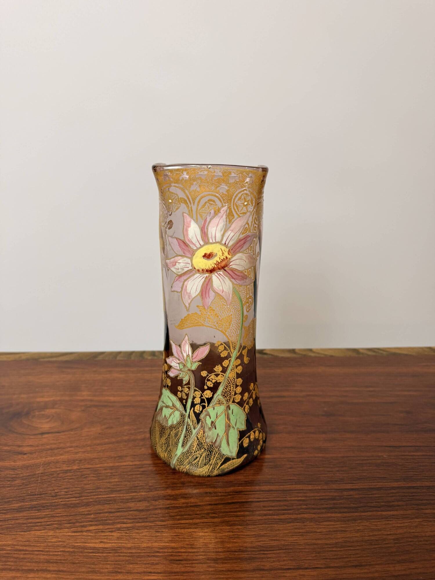 Antique Legras vase – Brown smoked glass with gilded floral enamel – Art Nouveau
