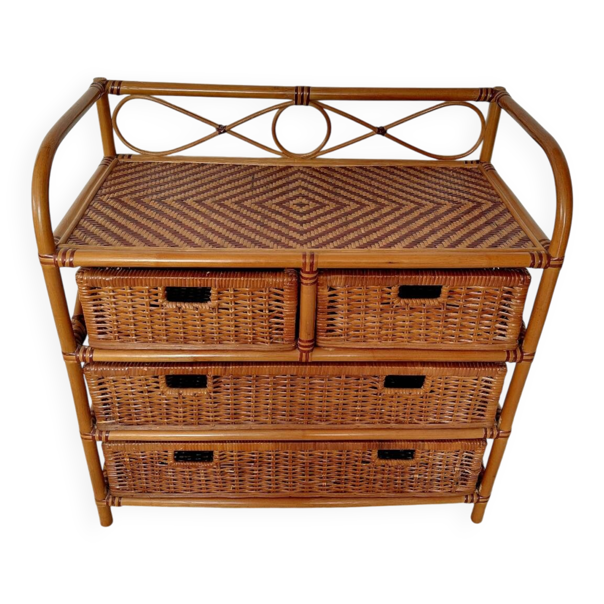 Commode vintage en rotin 4 tiroirs-esprit bohème-bord de mer