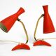 Pair of red Mid Century Modern Diabolo crow's foot table lamps from Cosack