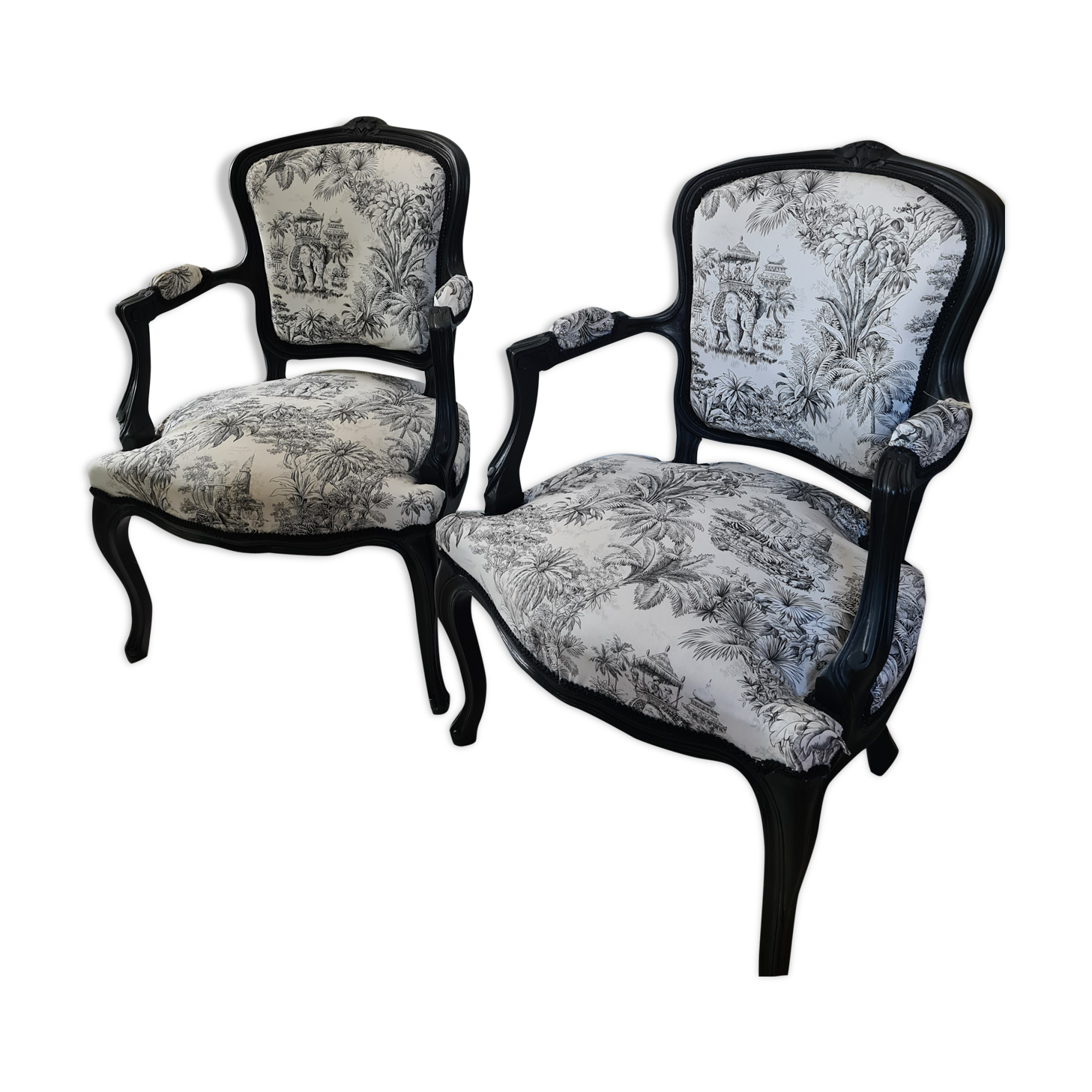 Armchairs Louis XV black woodwork lined with junggle fabrics