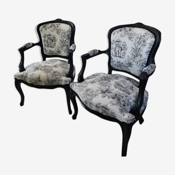 Armchairs Louis XV black woodwork lined with junggle fabrics