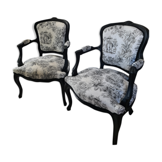 Armchairs Louis XV black woodwork lined with junggle fabrics