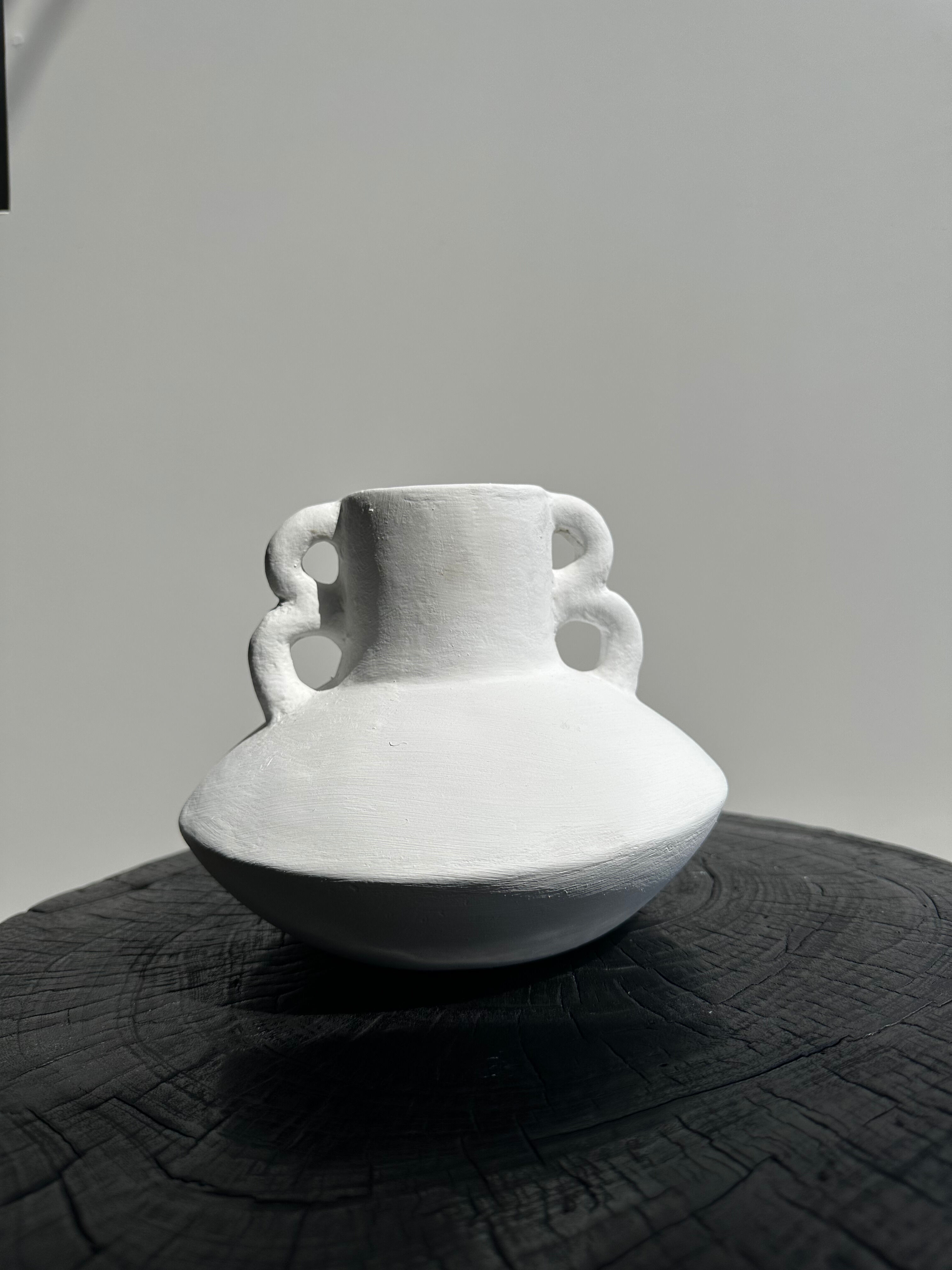 Handmade terracotta vase painted white with double handles H:16 D:20