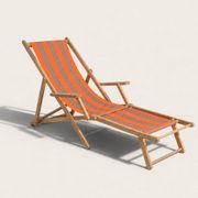 Vintage deck chair with orange and grey striped fabric, original patina.