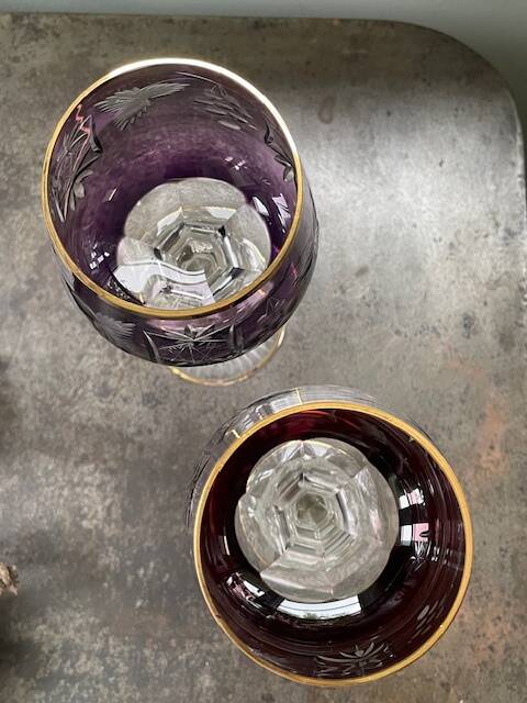 2 large cut and coloured Bohemian crystal glasses