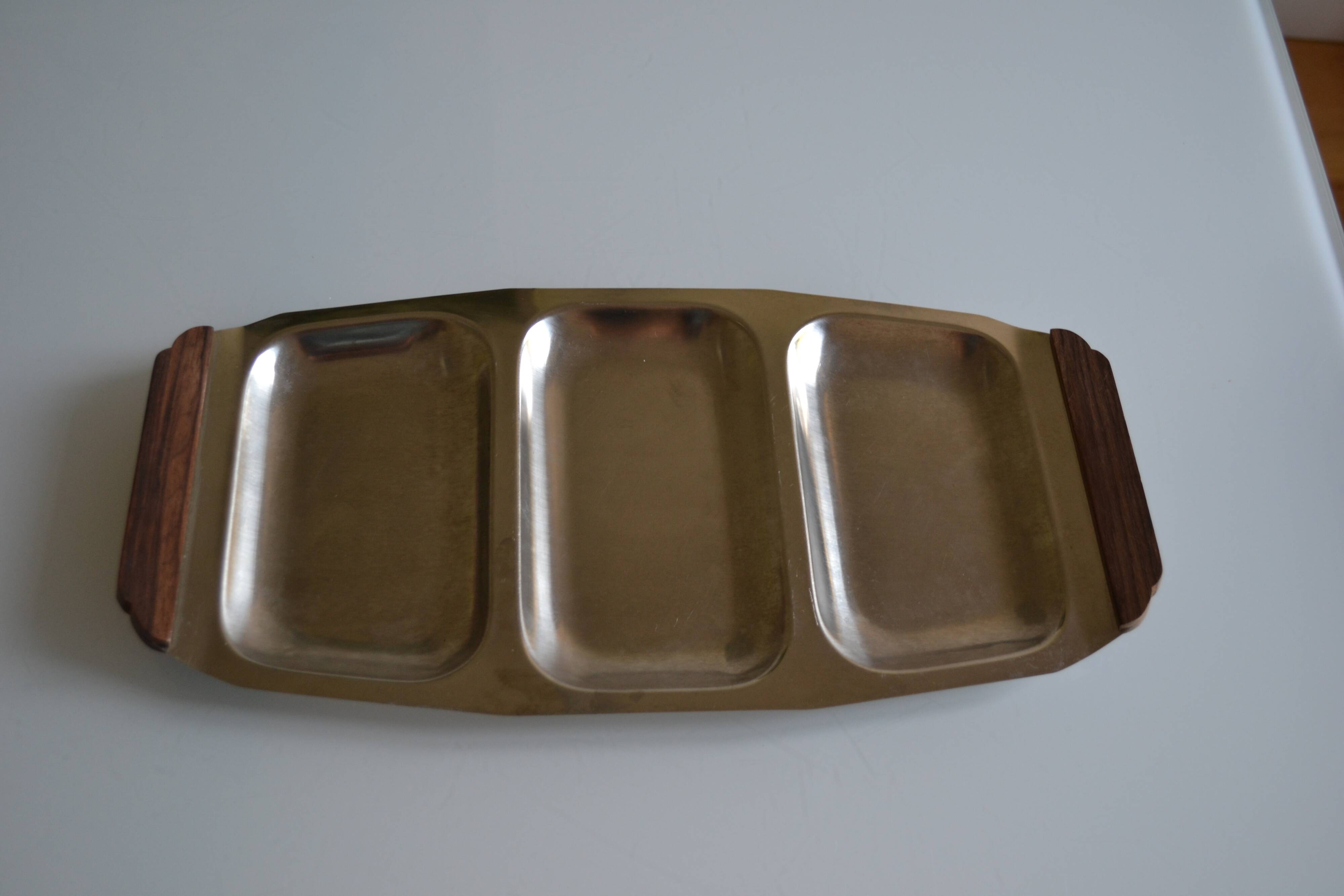 Plat de service vintage inox poignées teck made in Japan