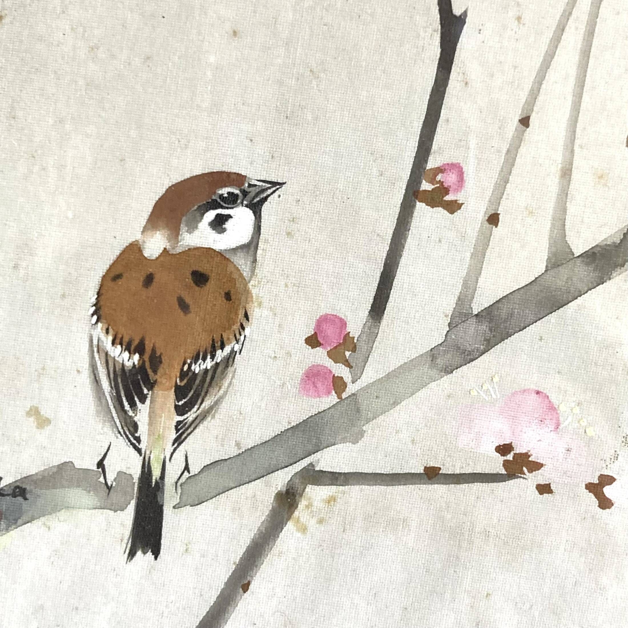 Small Japanese painting birds and cherry blossom Okada vintage old watercolor