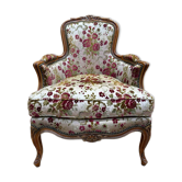 Elegant Louis XV style bergère in cherry wood and floral velvet.