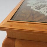 Elegant French side table in beech wood with lace inlay and glass top, 1950s
