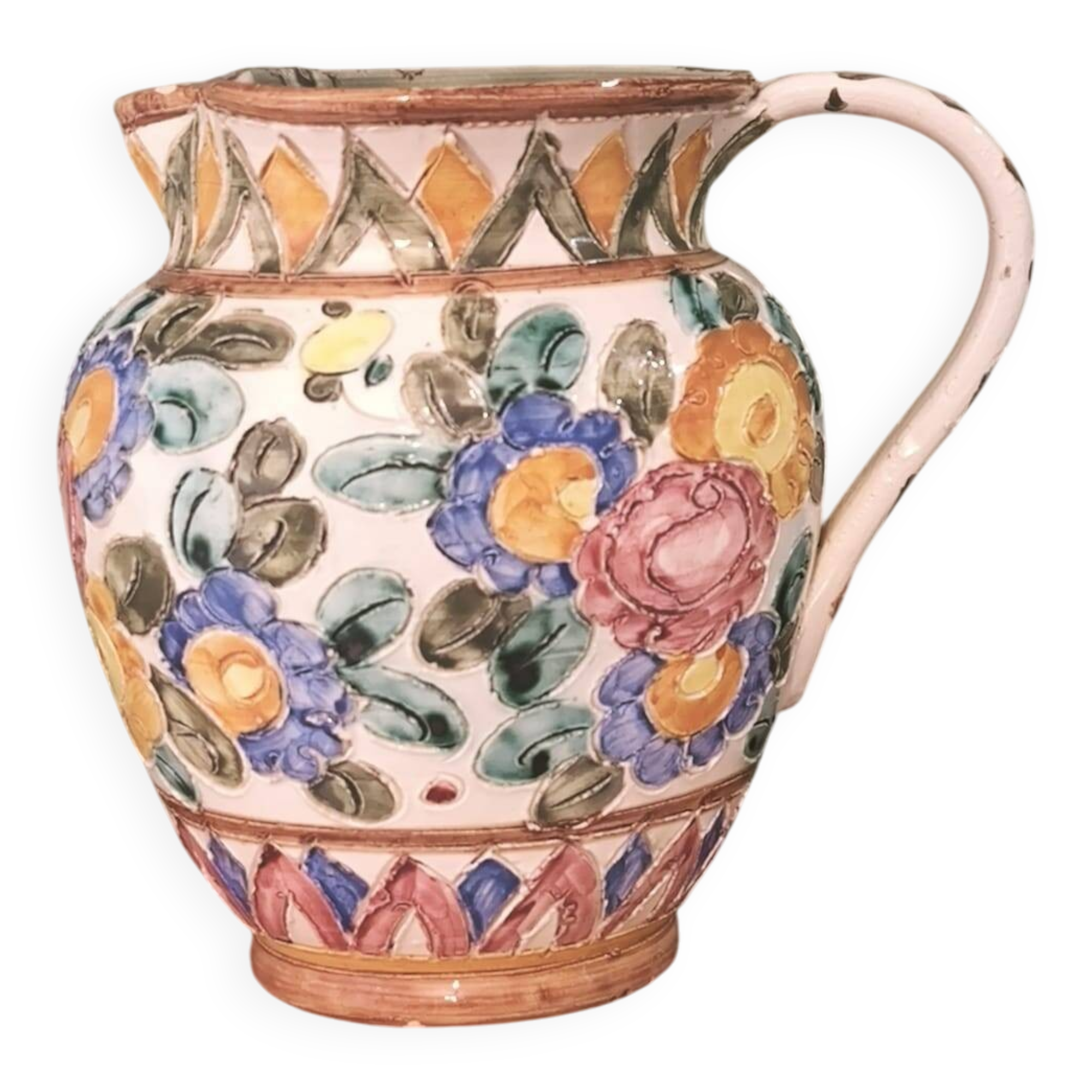 "Cérart Monaco" ceramic pitcher, signed — colorful floral decoration