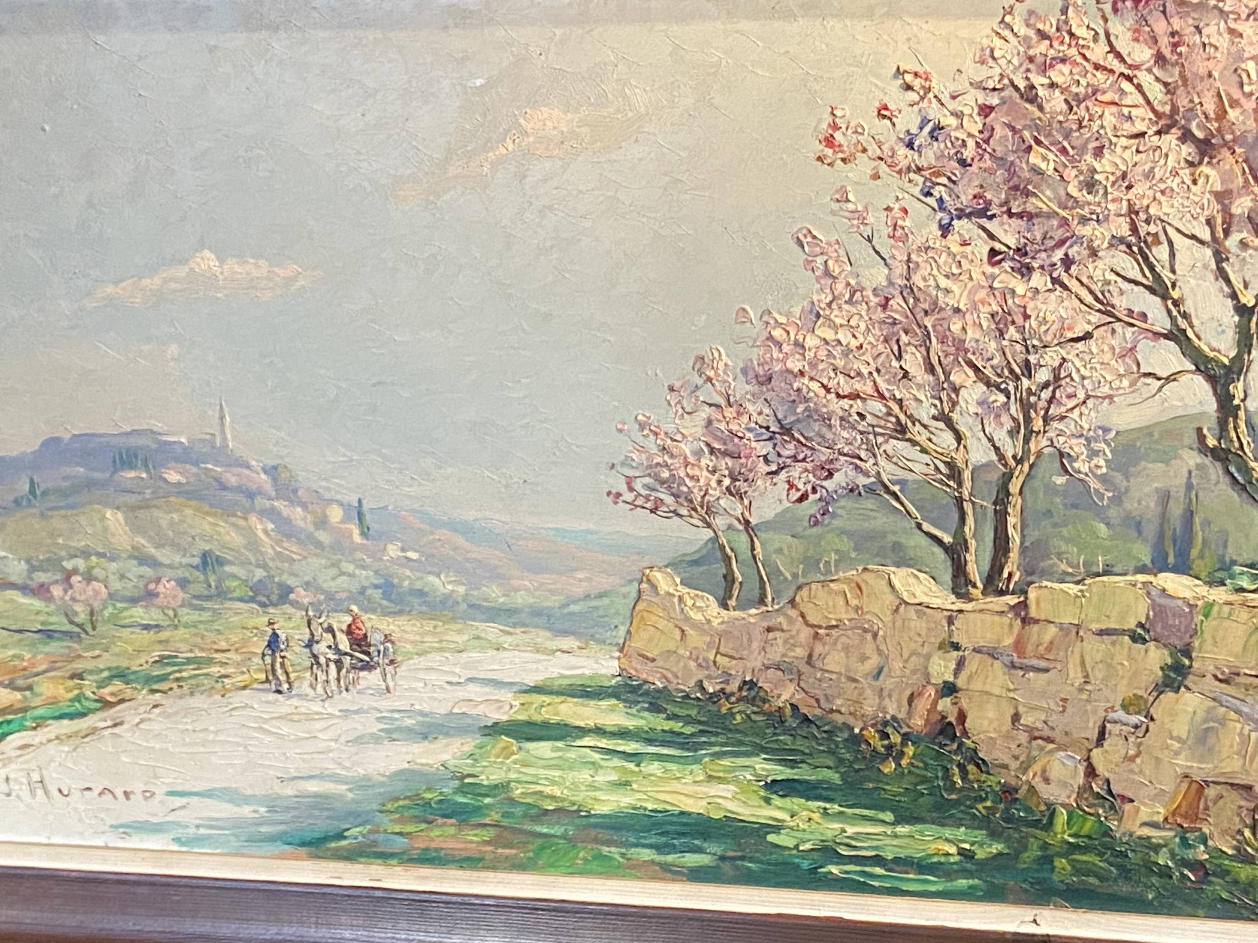 Landscape painting view from the village of Les Angles, Gard, Avignon, Hurard 1887-1956