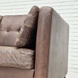 Années 1970, canapé classique danois 2 places, cuir marron d'origine.