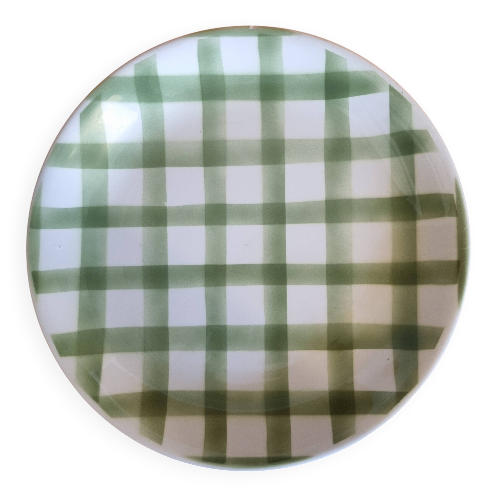 Large round vintage serving platter Vichy green check pattern