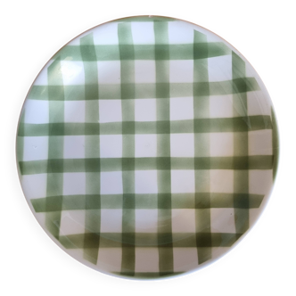 Large round vintage serving platter Vichy green check pattern