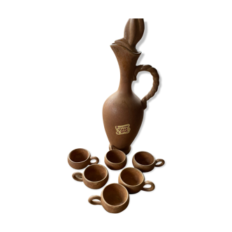 Old stoneware pitcher and its 6 liqueur tasting cups