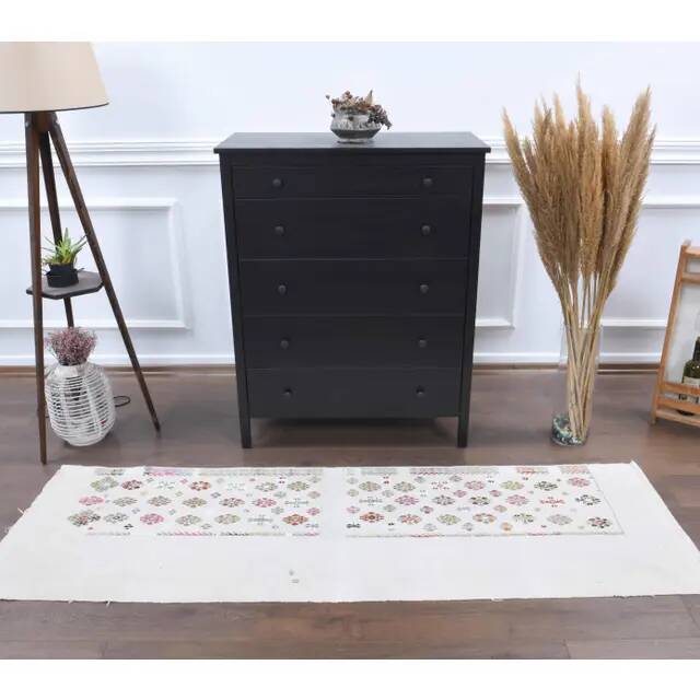 Vintage Turkish Oushak handmade wool cotton white kilim runner rug 68x215