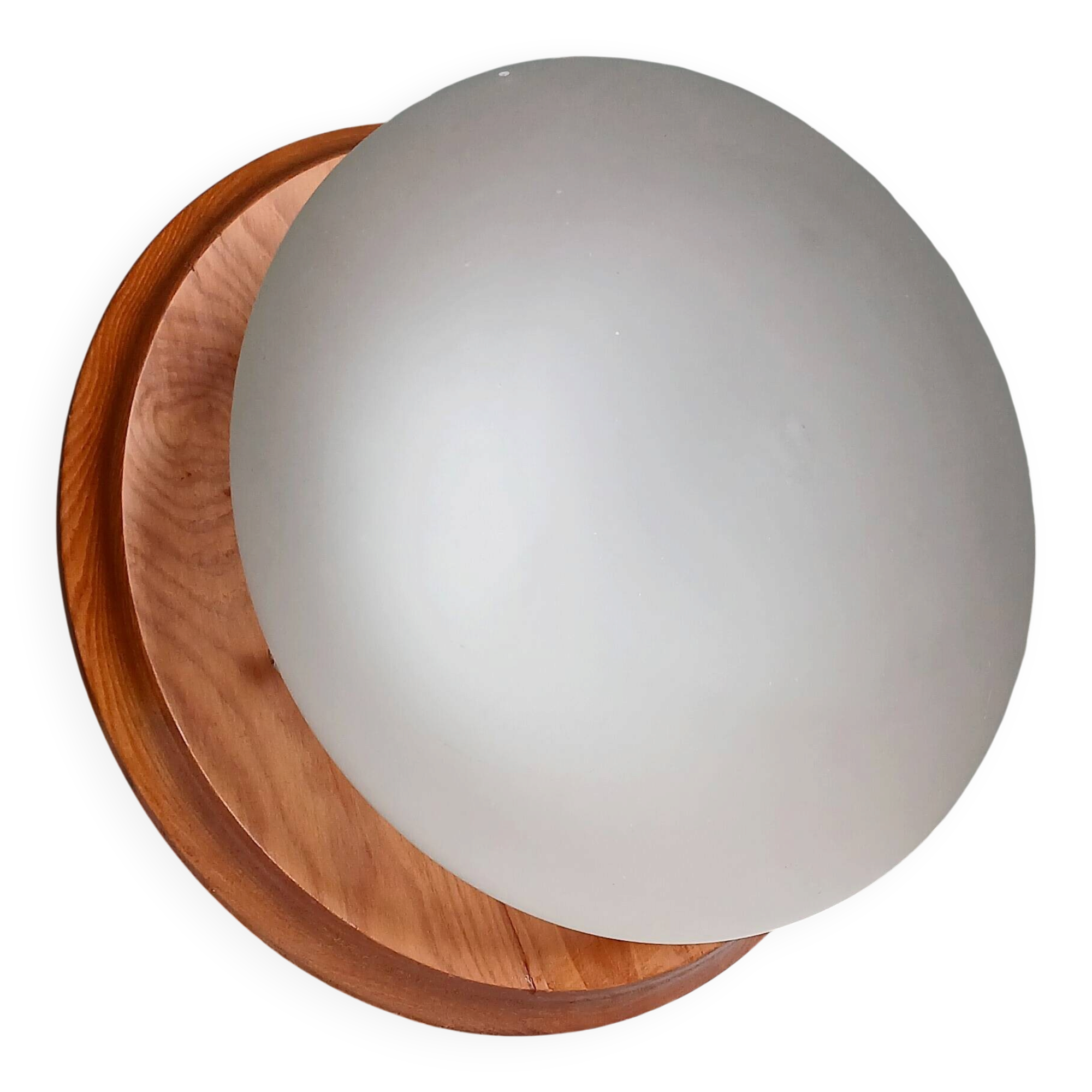 Mushroom lamp in solid pine and opal glass, circa 1980.