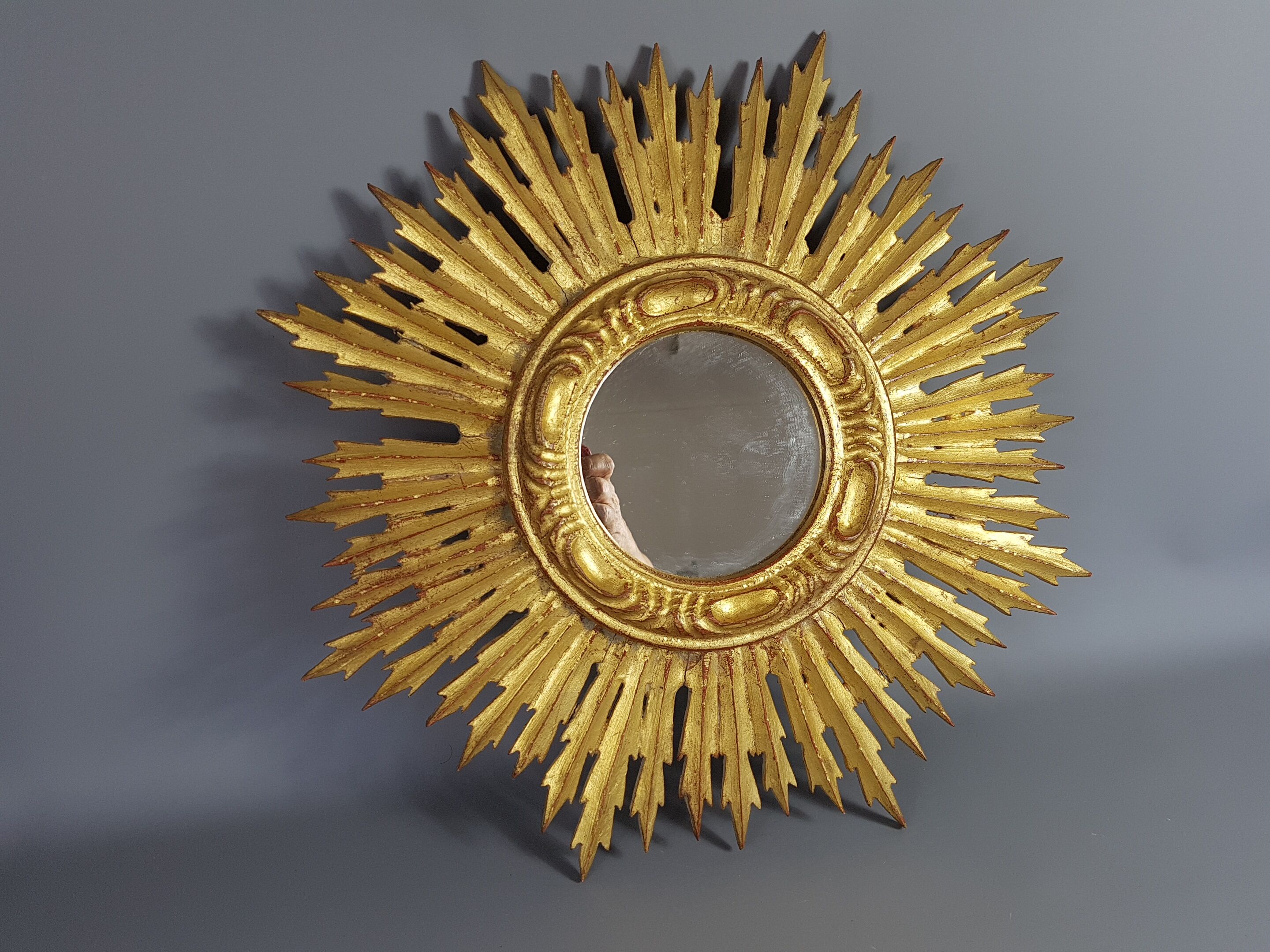 Sun mirror gilded with gold leaf Vintage 50s 42cm