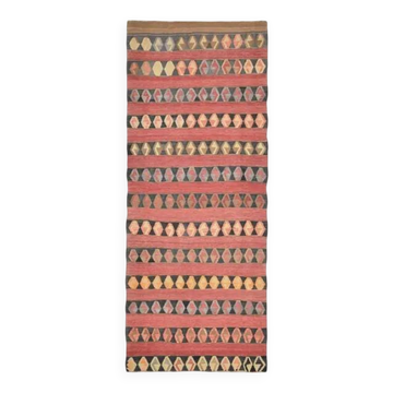 Tapis couloir vintage turc Oushak fait main en laine et coton rouge 140x353 des années 1970