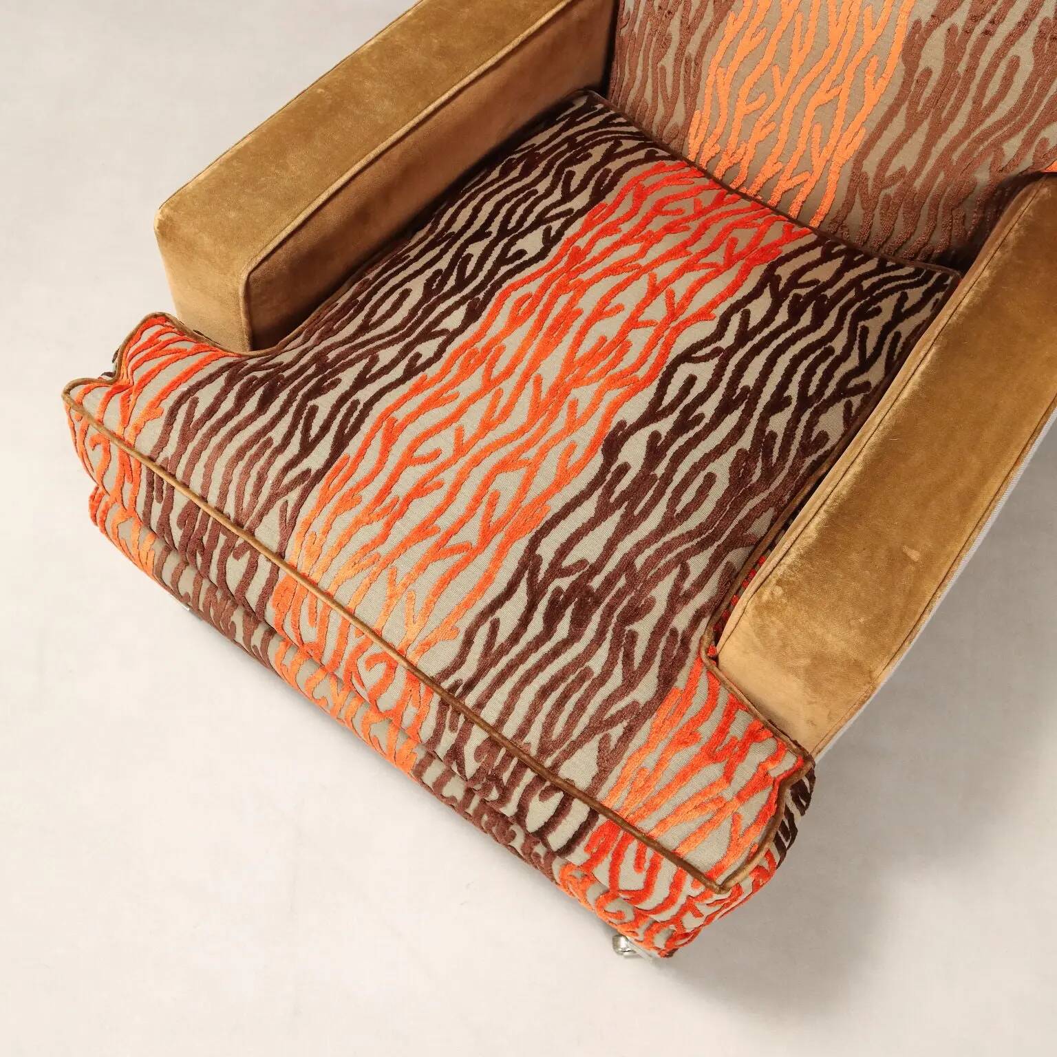 Pair of antique armchairs with velvet and fabric poufs, Italy, 20th century