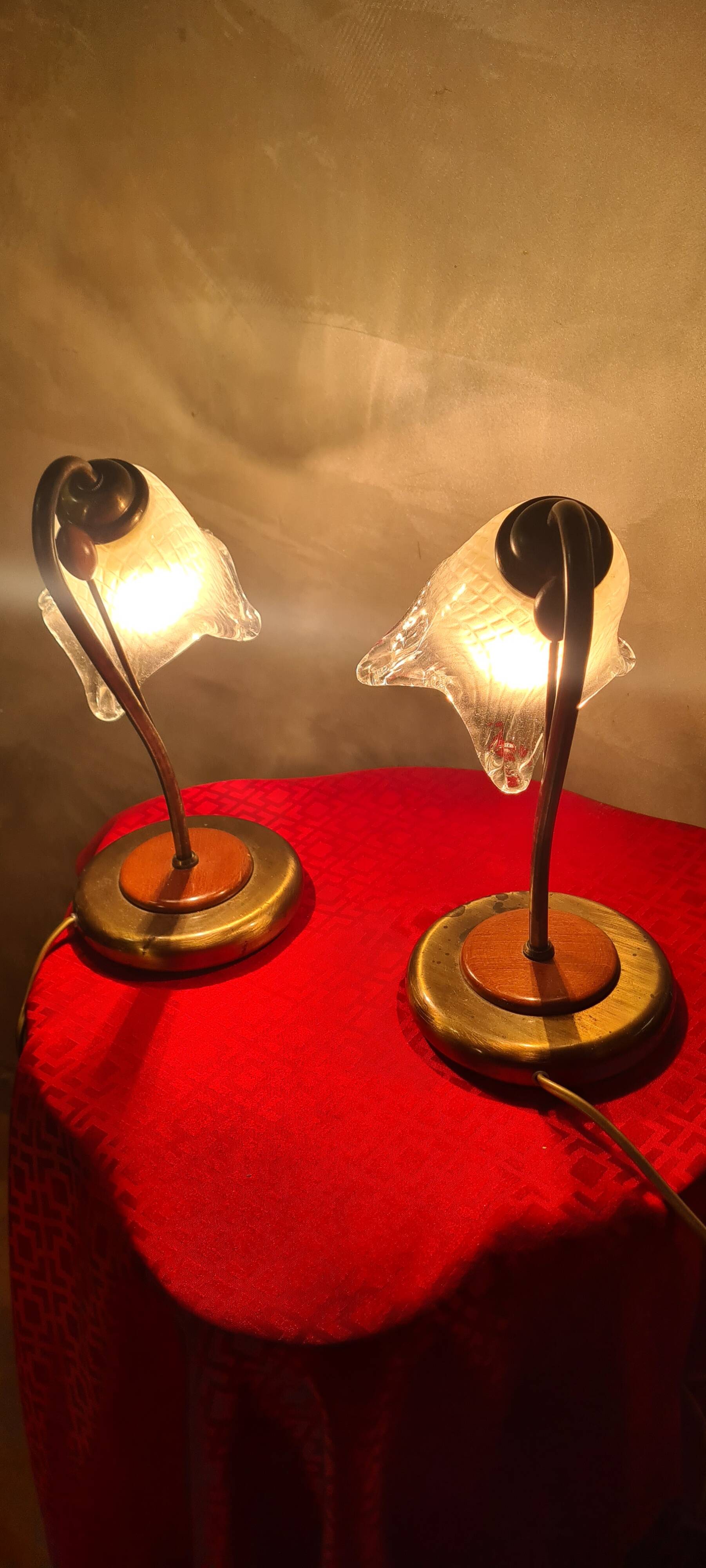 bedside lamp brass wood and glass 1970 to 80, traces of normal use, photo