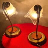 bedside lamp brass wood and glass 1970 to 80, traces of normal use, photo