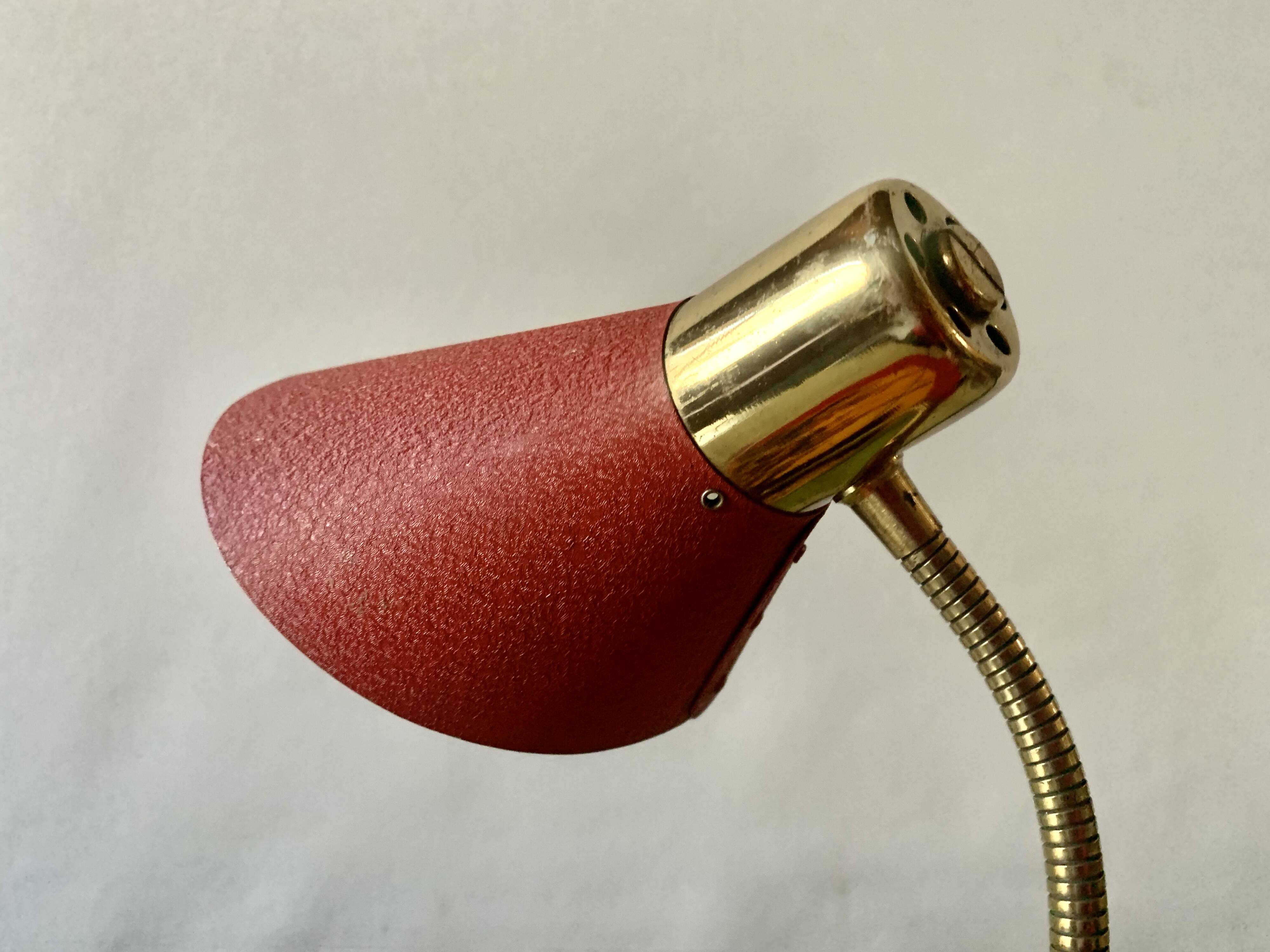 Brass and red painted metal clamp desk lamp - 1950s