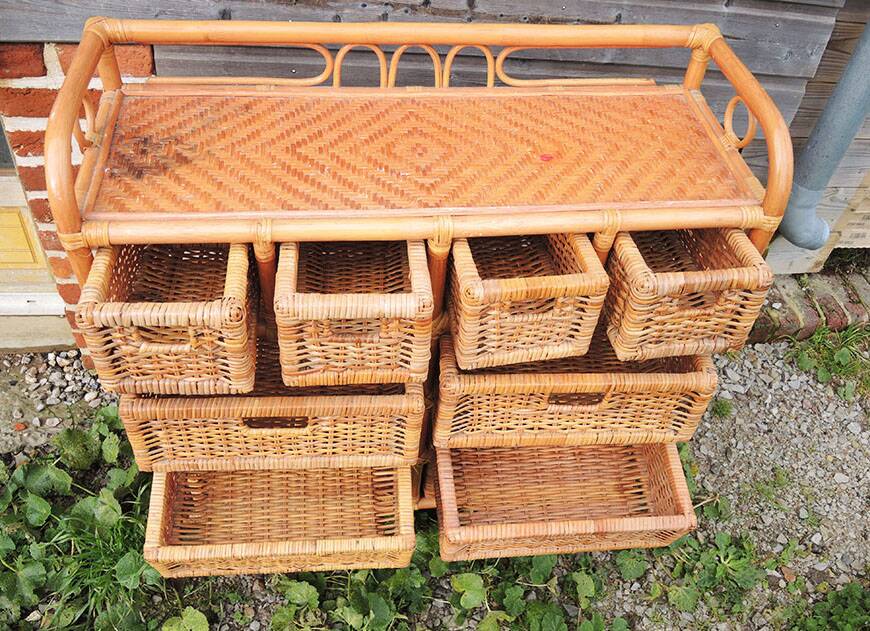 Ancienne Commode en Rotin / Osier Clair 10 Tiroirs