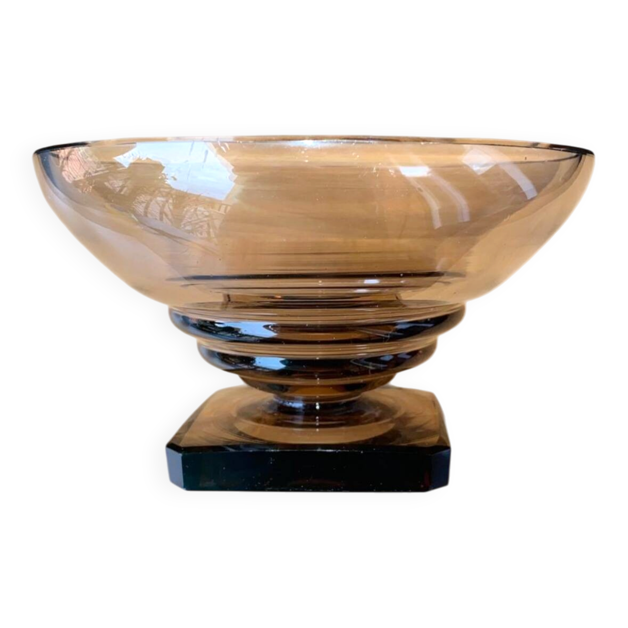 Art Deco footed bowl Daum Nancy, smoked glass, square base, signed