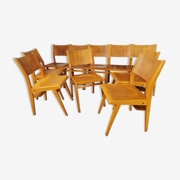 Set of 6 blond wooden theater chairs