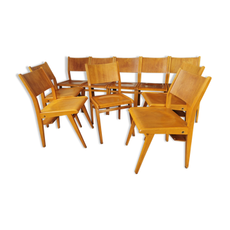 Set of 6 blond wooden theater chairs