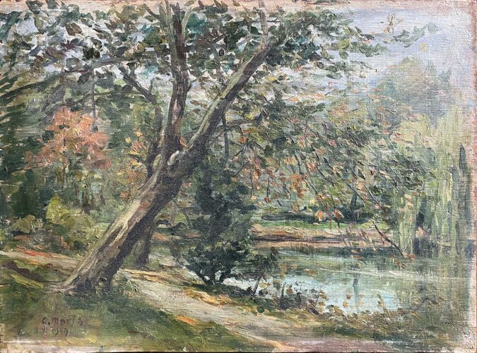 Tableau HSP "L'étang arboré" Parc signé C. Moris 1909