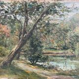 Tableau HSP "L'étang arboré" Parc signé C. Moris 1909