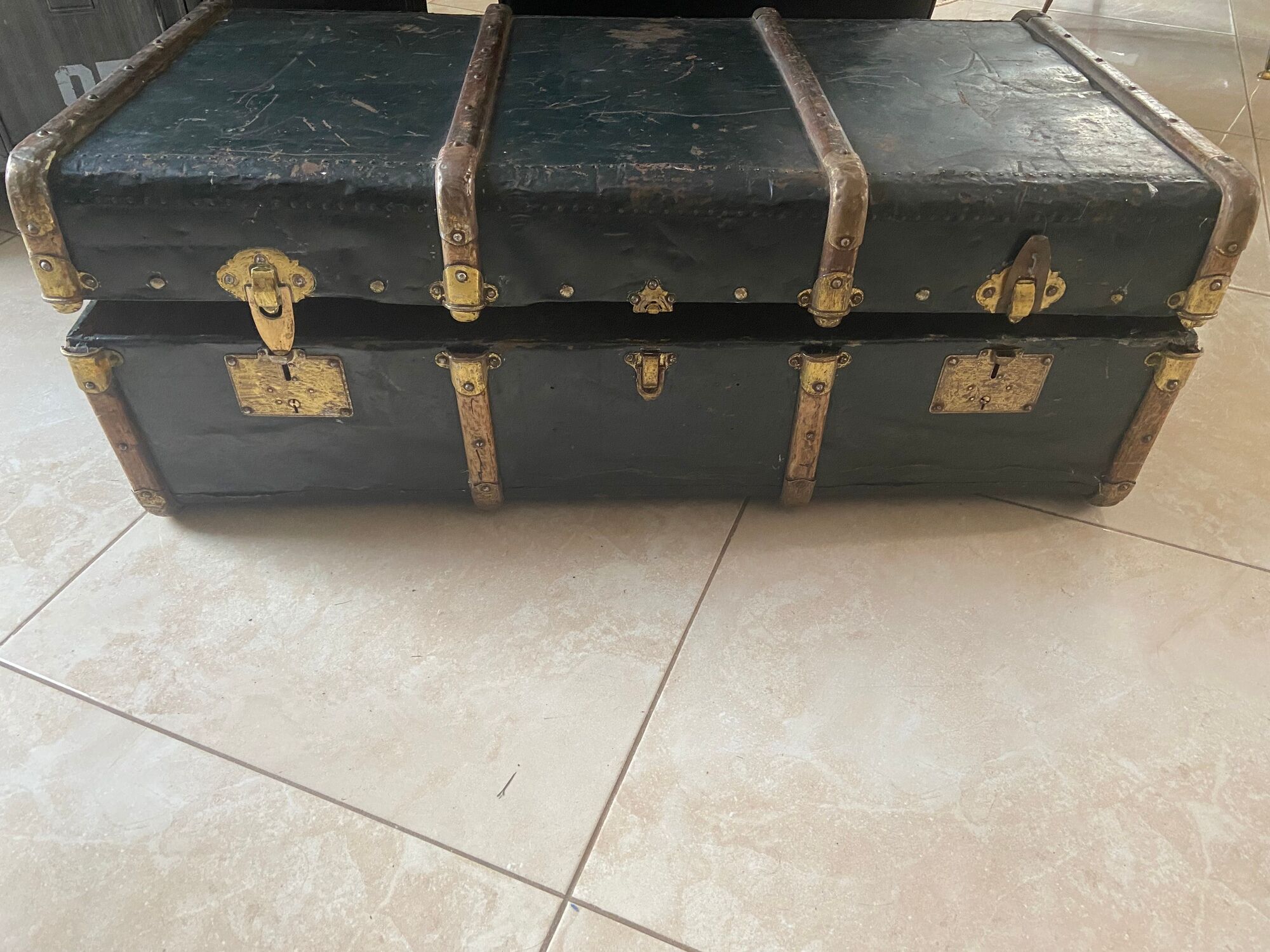 Old trunk in zinc/wood and brass